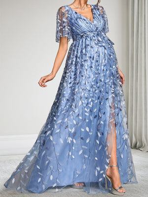 A-Line/Princess V-Neck Short Sleeves Lace Floor-Length Baby Shower Wedding Guest Dresses with Side Slit & Sequins