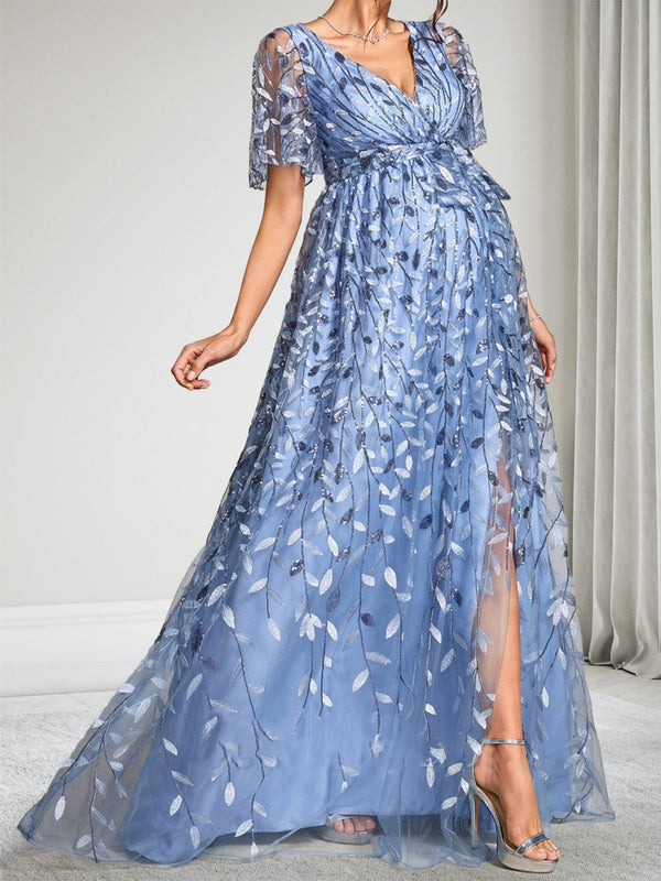 A-Line/Princess V-Neck Short Sleeves Lace Floor-Length Baby Shower Wedding Guest Dresses with Side Slit & Sequins