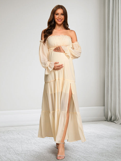 A-Line/Princess Off-the-Shoulder Long Sleeves Chiffon Ankle-Length Baby Shower Wedding Guest Dresses with Side Slit