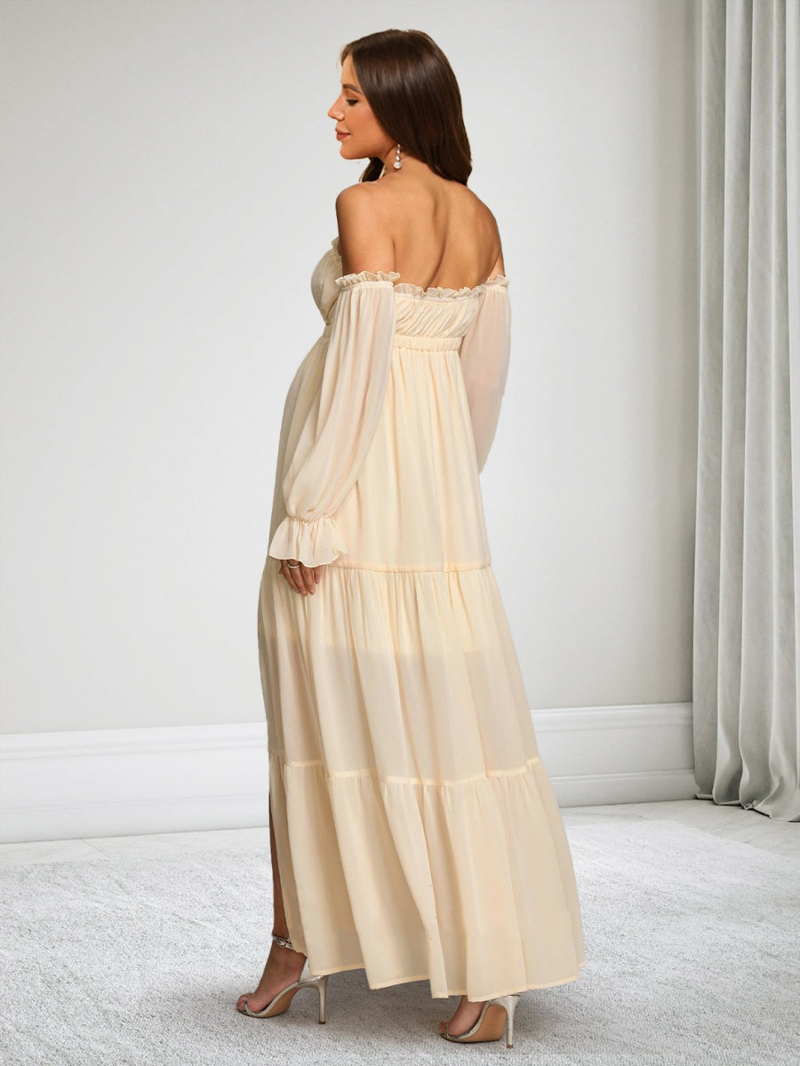 A-Line/Princess Off-the-Shoulder Long Sleeves Chiffon Ankle-Length Maternity Wedding Guest Dresses with Side Slit