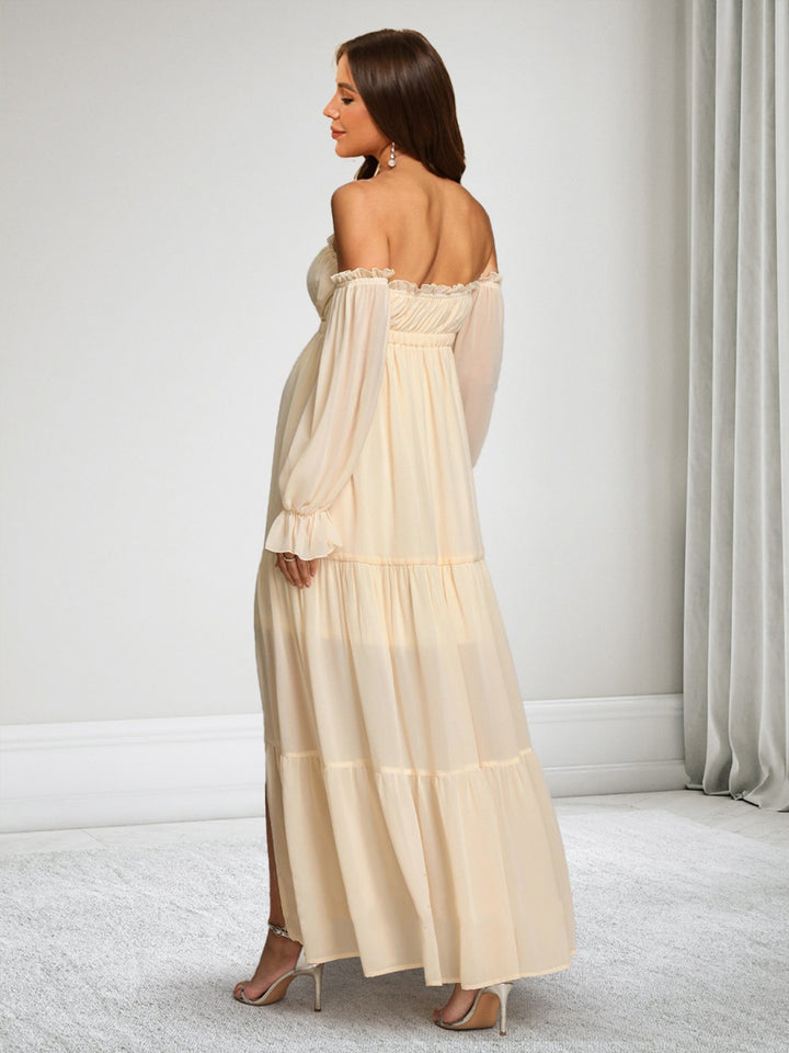 A-Line/Princess Off-the-Shoulder Long Sleeves Chiffon Ankle-Length Maternity Wedding Guest Dresses with Side Slit