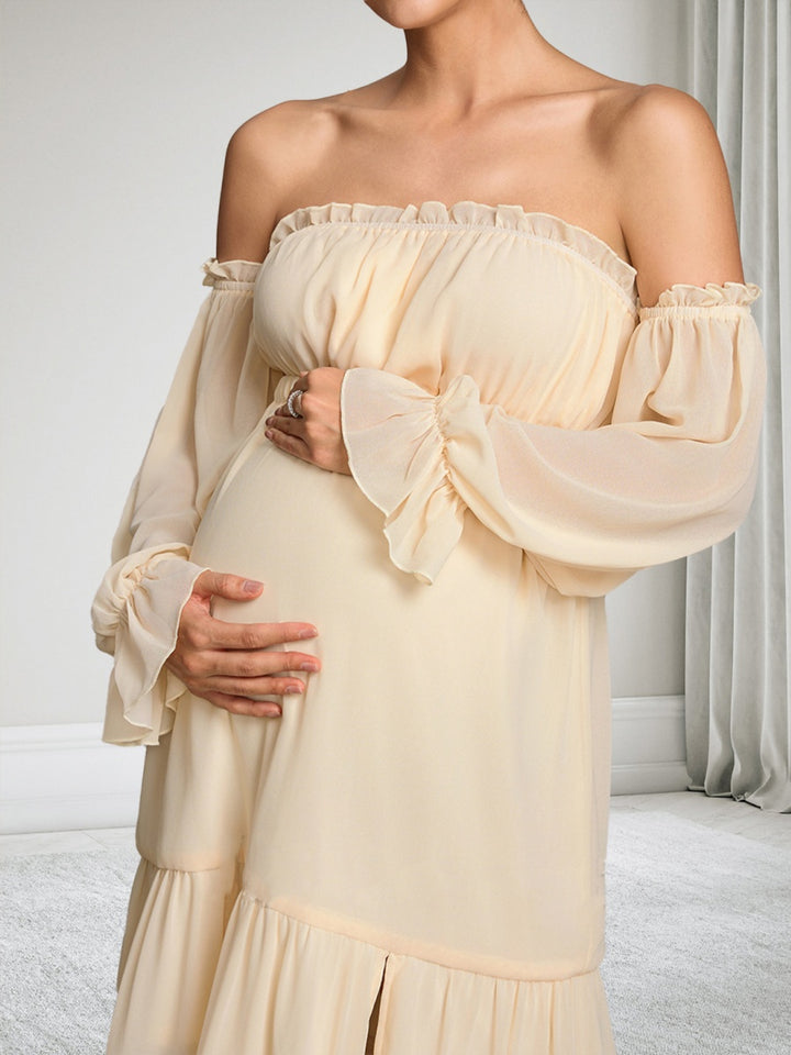 A-Line/Princess Off-the-Shoulder Long Sleeves Chiffon Ankle-Length Maternity Wedding Guest Dresses with Side Slit