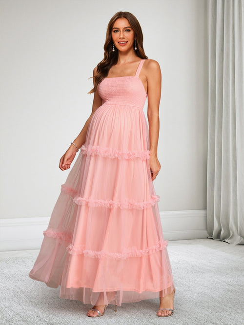 A-Line/Princess Square Neck Sleeveless Tulle Ankle-Length Baby Shower Wedding Guest Dresses with Ruffles