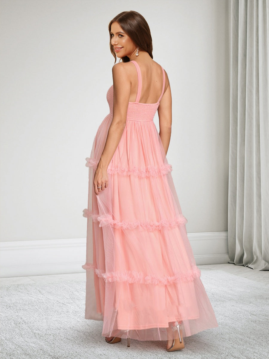 A-Line/Princess Square Neck Sleeveless Tulle Ankle-Length Maternity Wedding Guest Dresses with Ruffles