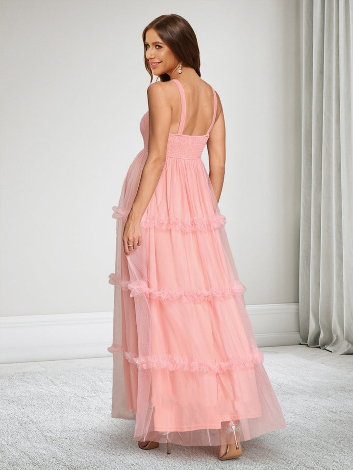 A-Line/Princess Square Neck Sleeveless Tulle Ankle-Length Maternity Wedding Guest Dresses with Ruffles
