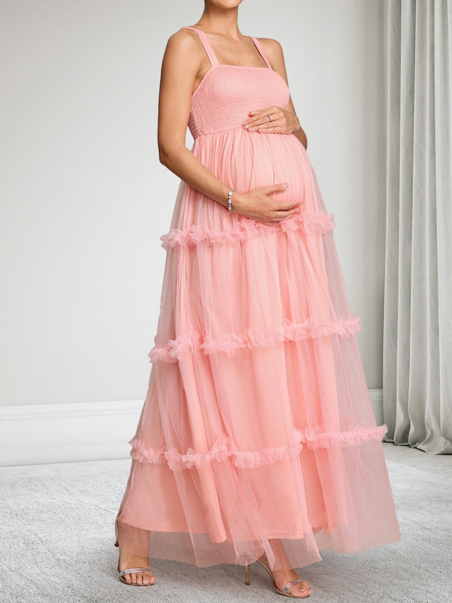 A-Line/Princess Square Neck Sleeveless Tulle Ankle-Length Maternity Wedding Guest Dresses with Ruffles