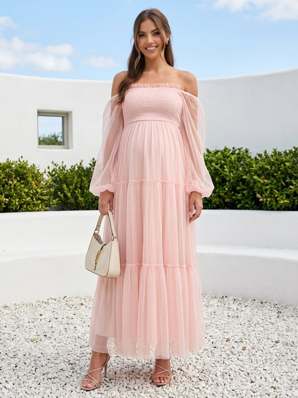 A-Line/Princess Off-the-Shoulder Long Sleeves Tulle Ankle-Length Maternity Wedding Guest Dresses with Ruffles