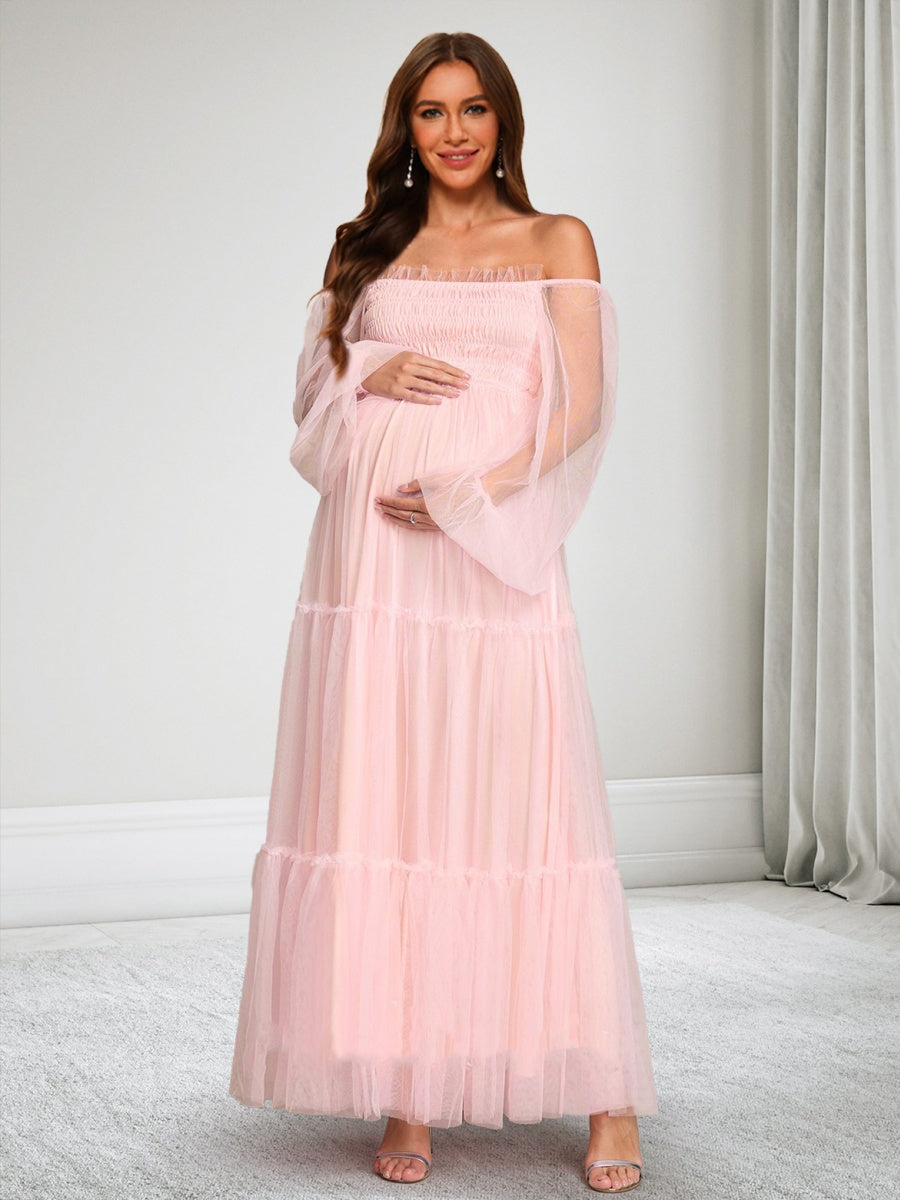 A-Line/Princess Off-the-Shoulder Long Sleeves Tulle Ankle-Length Baby Shower Wedding Guest Dresses with Ruffles