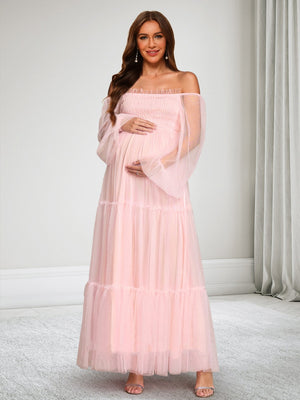 A-Line/Princess Off-the-Shoulder Long Sleeves Tulle Ankle-Length Baby Shower Wedding Guest Dresses with Ruffles