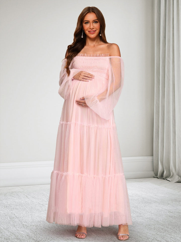A-Line/Princess Off-the-Shoulder Long Sleeves Tulle Ankle-Length Maternity Wedding Guest Dresses with Ruffles