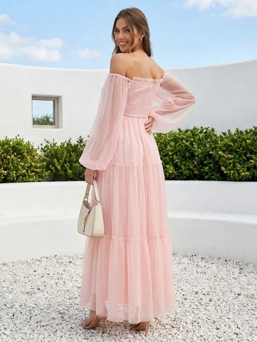A-Line/Princess Off-the-Shoulder Long Sleeves Tulle Ankle-Length Maternity Wedding Guest Dresses with Ruffles