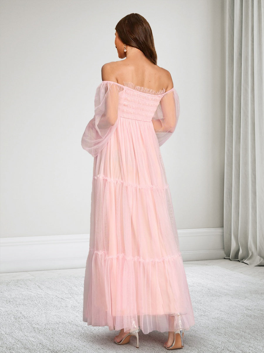 A-Line/Princess Off-the-Shoulder Long Sleeves Tulle Ankle-Length Baby Shower Wedding Guest Dresses with Ruffles
