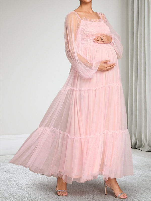 A-Line/Princess Off-the-Shoulder Long Sleeves Tulle Ankle-Length Baby Shower Wedding Guest Dresses with Ruffles