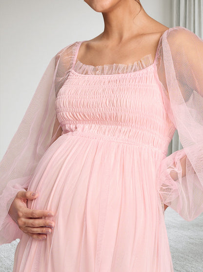 A-Line/Princess Off-the-Shoulder Long Sleeves Tulle Ankle-Length Baby Shower Wedding Guest Dresses with Ruffles