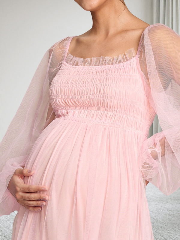 A-Line/Princess Off-the-Shoulder Long Sleeves Tulle Ankle-Length Baby Shower Wedding Guest Dresses with Ruffles