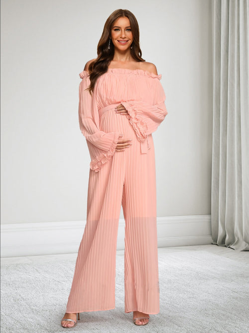Off-the-Shoulder Long Sleeves Chiffon Jumpsuits Baby Shower Wedding Guest Dresses with Pleated