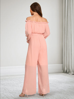 Off-the-Shoulder Long Sleeves Chiffon Jumpsuits Baby Shower Wedding Guest Dresses with Pleated