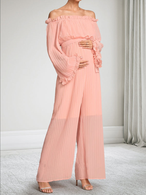Off-the-Shoulder Long Sleeves Chiffon Jumpsuits Baby Shower Wedding Guest Dresses with Pleated