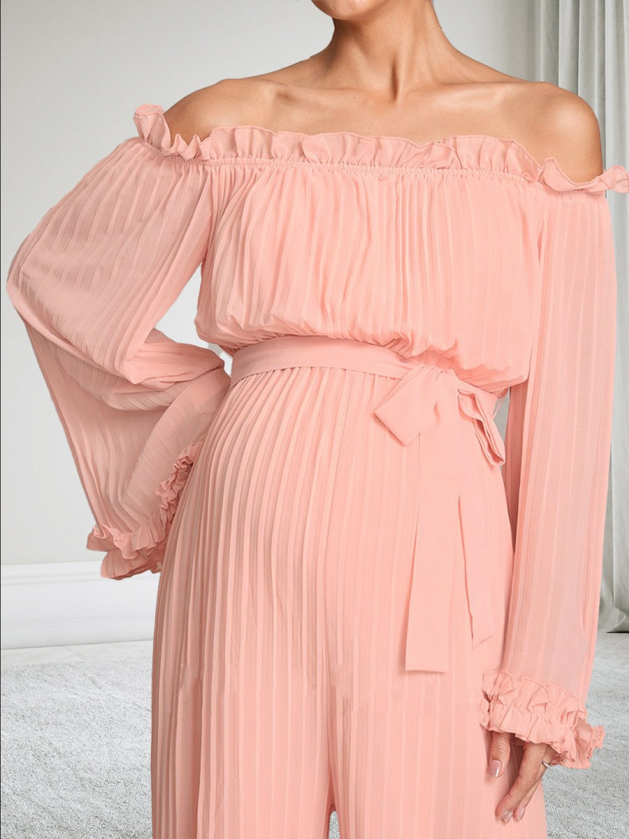Off-the-Shoulder Long Sleeves Chiffon Jumpsuits Maternity Wedding Guest Dresses with Pleated