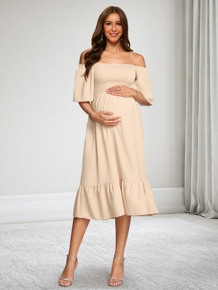 A-Line/Princess Off-the-Shoulder Short Sleeves Chiffon Maternity Wedding Guest Dresses with Ruffles