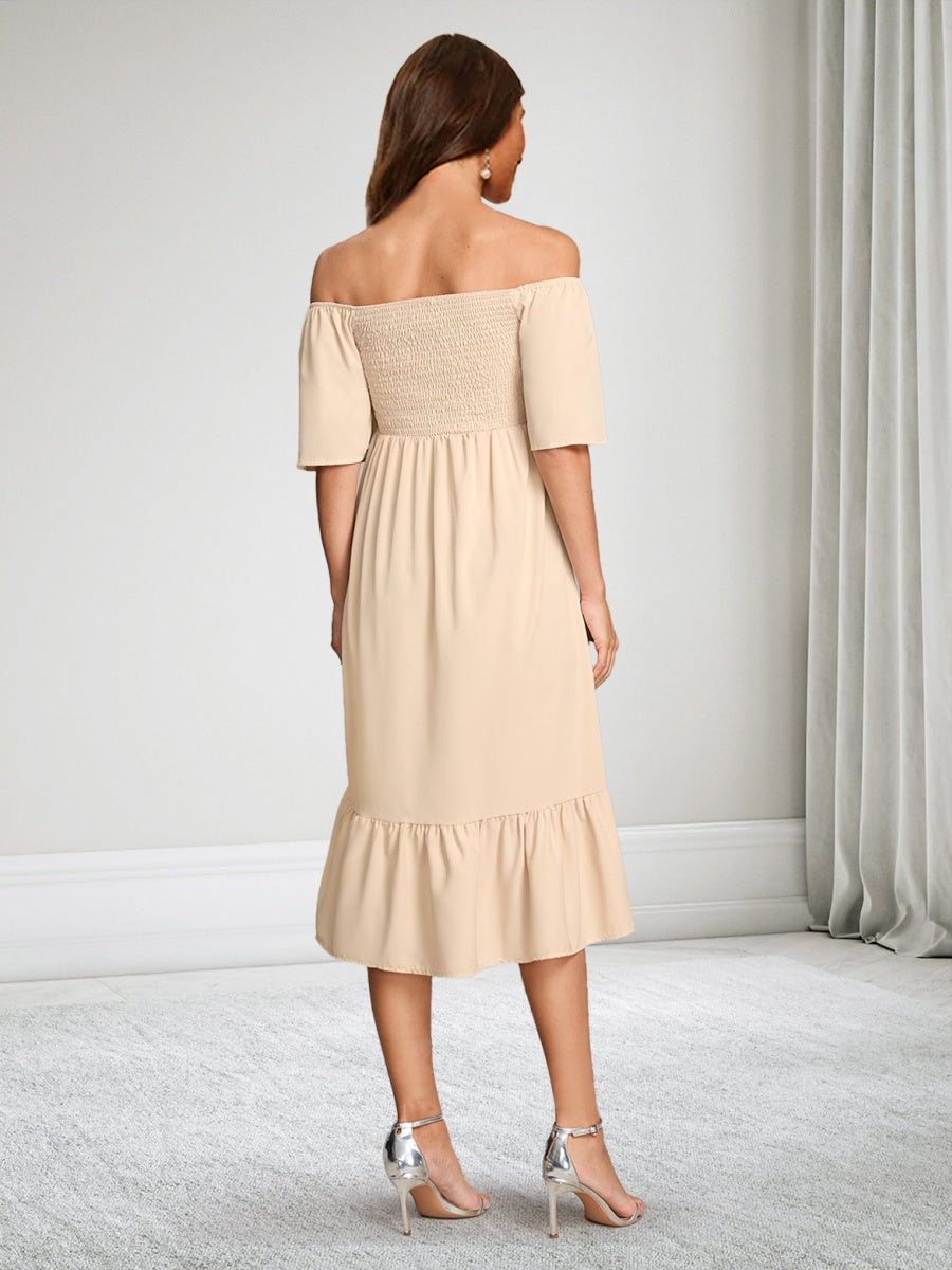 A-Line/Princess Off-the-Shoulder Short Sleeves Chiffon Maternity Wedding Guest Dresses with Ruffles