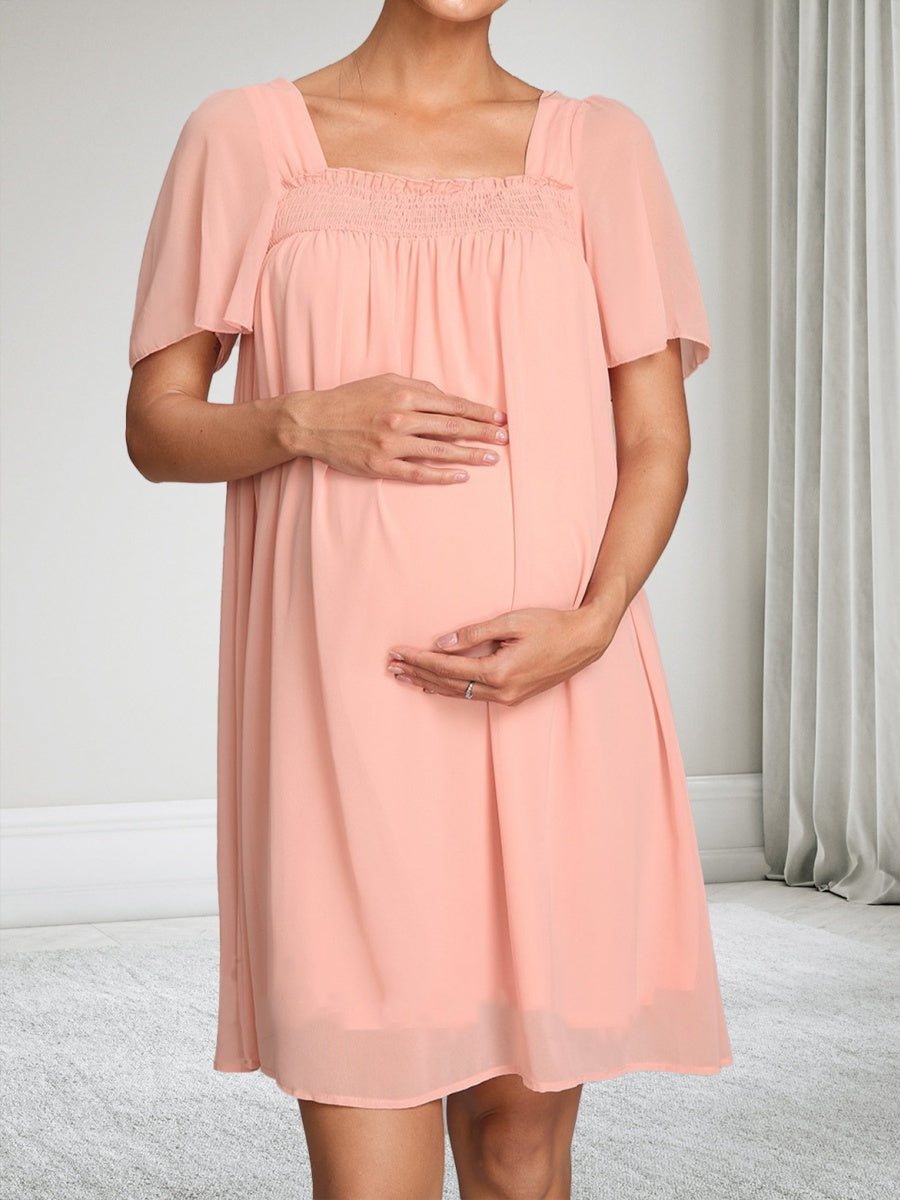 A-Line/Princess Square Neck Short Sleeves Midi Chiffon Maternity Wedding Guest Dresses