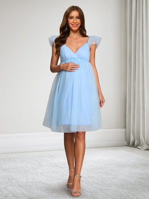 A-Line/Princess V-Neck Cap Sleeves Knee-Length Tulle Baby Shower Wedding Guest Dresses