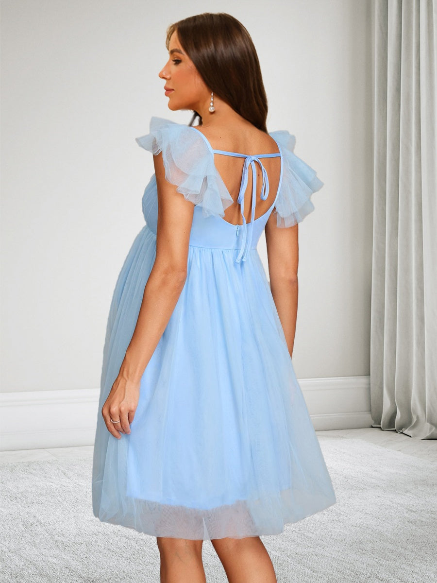 A-Line/Princess V-Neck Cap Sleeves Knee-Length Tulle Maternity Wedding Guest Dresses