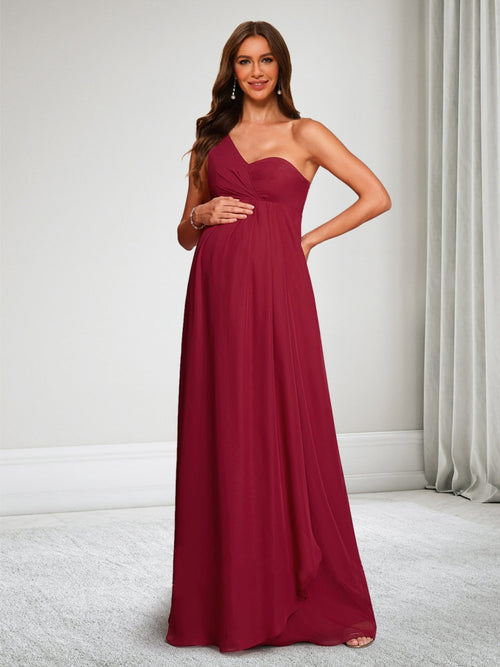 A-Line/Princess One-Shoulder Sleeveless Chiffon Floor-Length Baby Shower Wedding Guest Dresses with Ruched