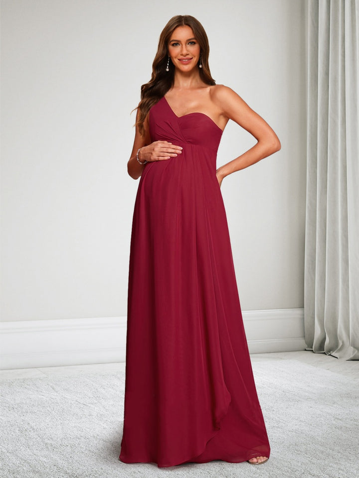 A-Line/Princess One-Shoulder Sleeveless Chiffon Floor-Length Maternity Wedding Guest Dresses with Ruched