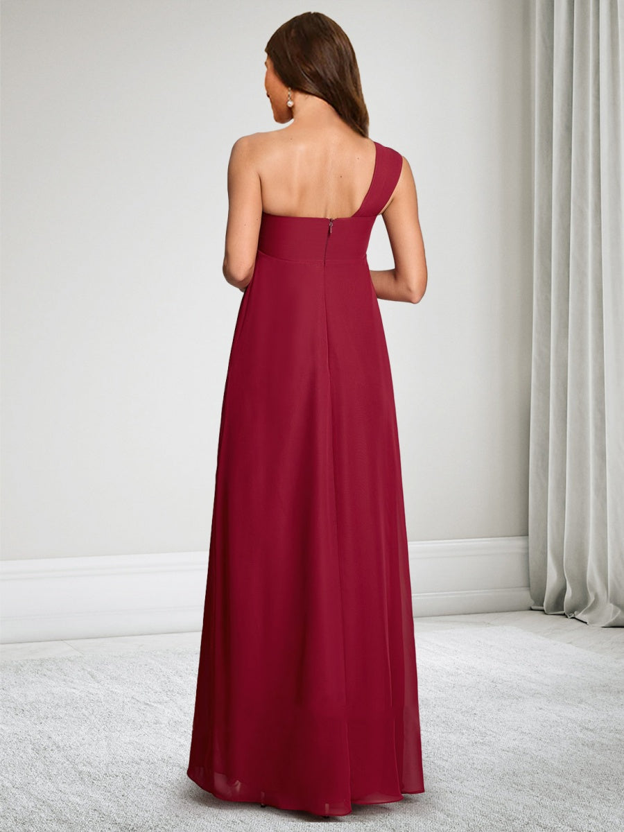 A-Line/Princess One-Shoulder Sleeveless Chiffon Floor-Length Maternity Wedding Guest Dresses with Ruched