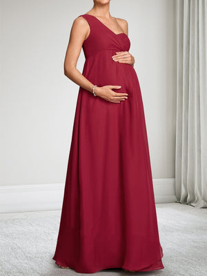A-Line/Princess One-Shoulder Sleeveless Chiffon Floor-Length Baby Shower Wedding Guest Dresses with Ruched