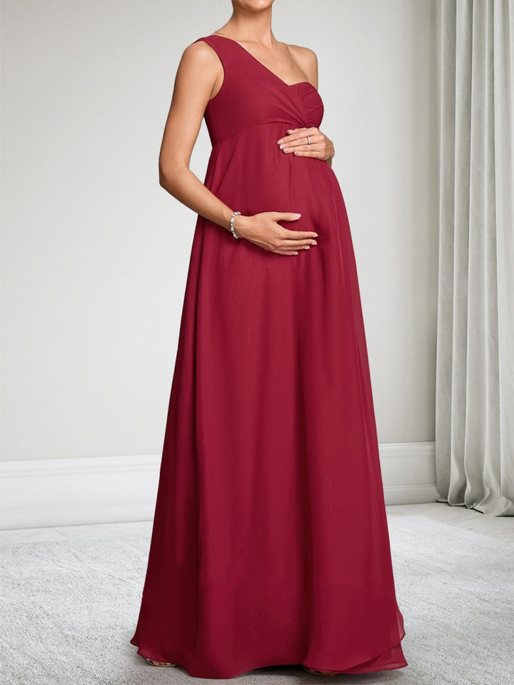 A-Line/Princess One-Shoulder Sleeveless Chiffon Floor-Length Maternity Wedding Guest Dresses with Ruched