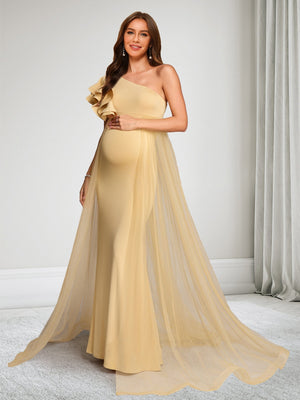 Trumpet/Mermaid One-Shoulder Floor-Length Baby Shower Wedding Guest Dresses with Cape & Ruffles