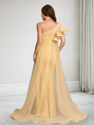 Trumpet/Mermaid One-Shoulder Floor-Length Baby Shower Wedding Guest Dresses with Cape & Ruffles