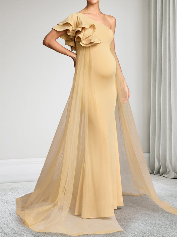 Trumpet/Mermaid One-Shoulder Floor-Length Baby Shower Wedding Guest Dresses with Cape & Ruffles