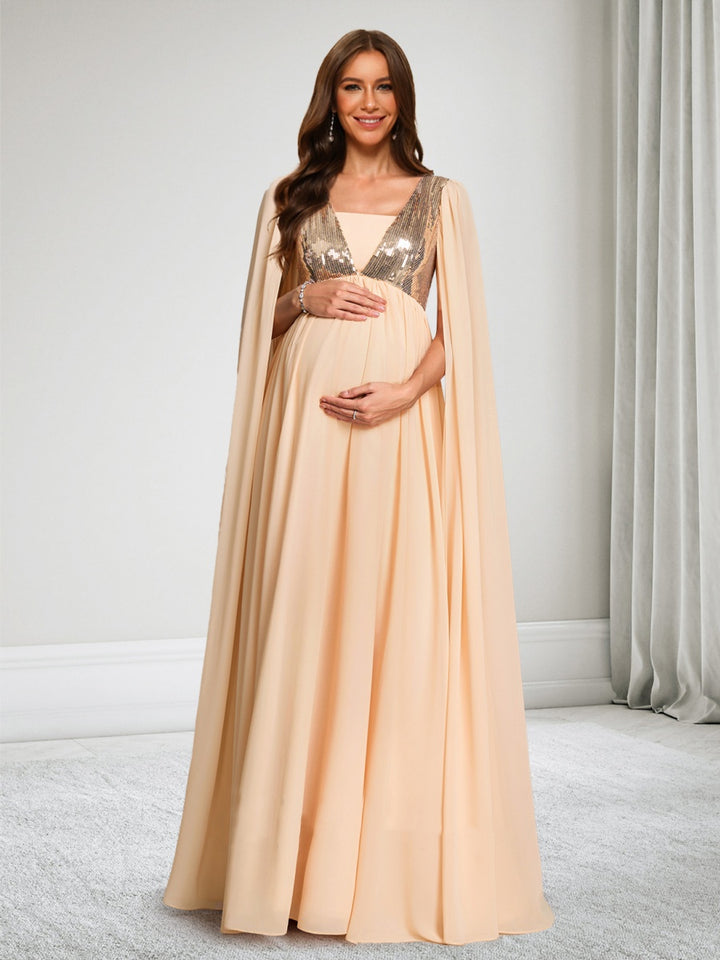A-Line/Princess Square Neck Floor-Length Chiffon Maternity Wedding Guest Dresses with Cape &amp; Sequins
