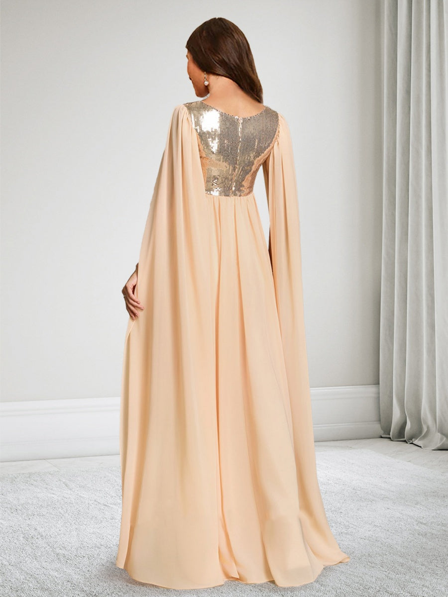 A-Line/Princess Square Neck Floor-Length Chiffon Baby Shower Wedding Guest Dresses with Cape & Sequins
