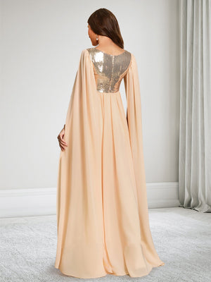 A-Line/Princess Square Neck Floor-Length Chiffon Baby Shower Wedding Guest Dresses with Cape & Sequins