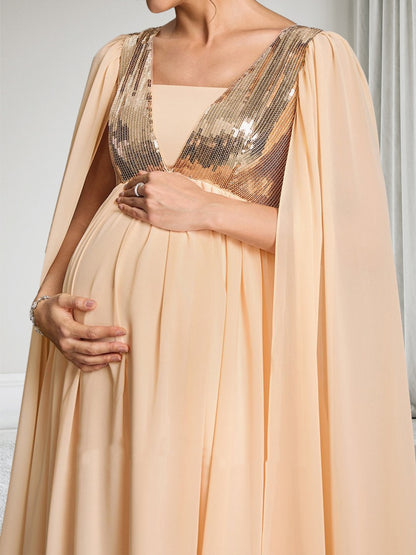 A-Line/Princess Square Neck Floor-Length Chiffon Baby Shower Wedding Guest Dresses with Cape & Sequins