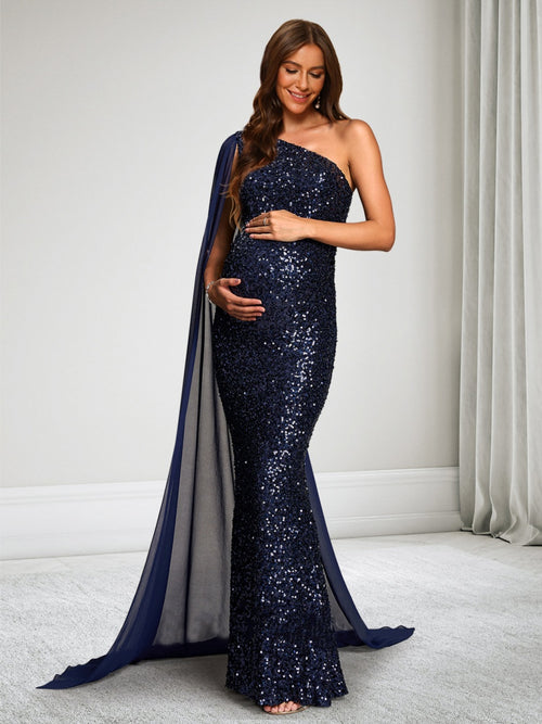 Trumpet/Mermaid One Shoulder Sequin Floor-Length Baby Shower Wedding Guest Dresses with Cape
