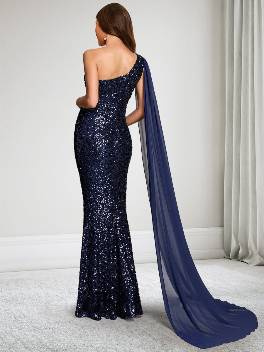 Trumpet/Mermaid One Shoulder Sequin Floor-Length Maternity Wedding Guest Dresses with Cape