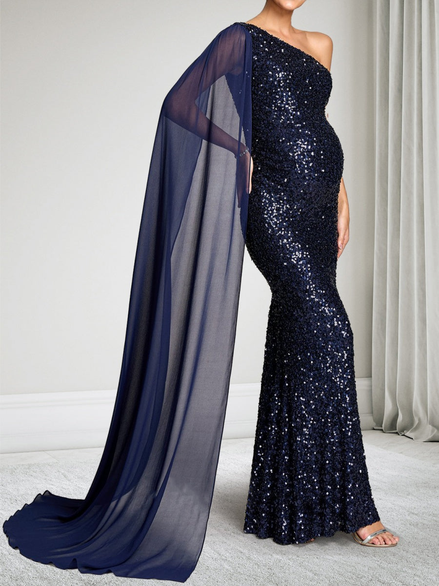 Trumpet/Mermaid One Shoulder Sequin Floor-Length Maternity Wedding Guest Dresses with Cape