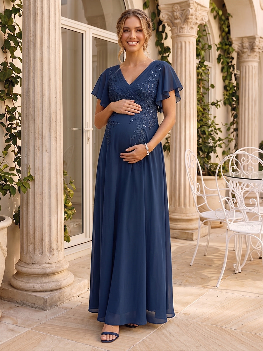 Elegant Navy A-Line/Princess V-Neck Short Sleeves Chiffon Floor-Length Maternity Dress Wedding Guest Dresses with Appliques 2026