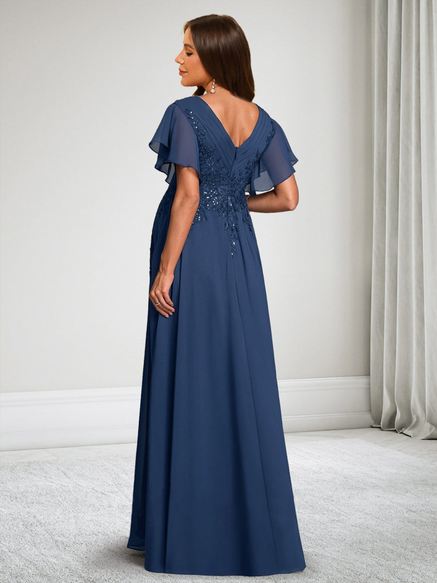 A-Line/Princess V-Neck Short Sleeves Chiffon Floor-Length Baby Shower Wedding Guest Dresses with Appliques