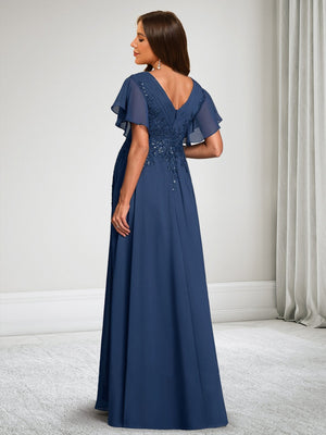 A-Line/Princess V-Neck Short Sleeves Chiffon Floor-Length Baby Shower Wedding Guest Dresses with Appliques