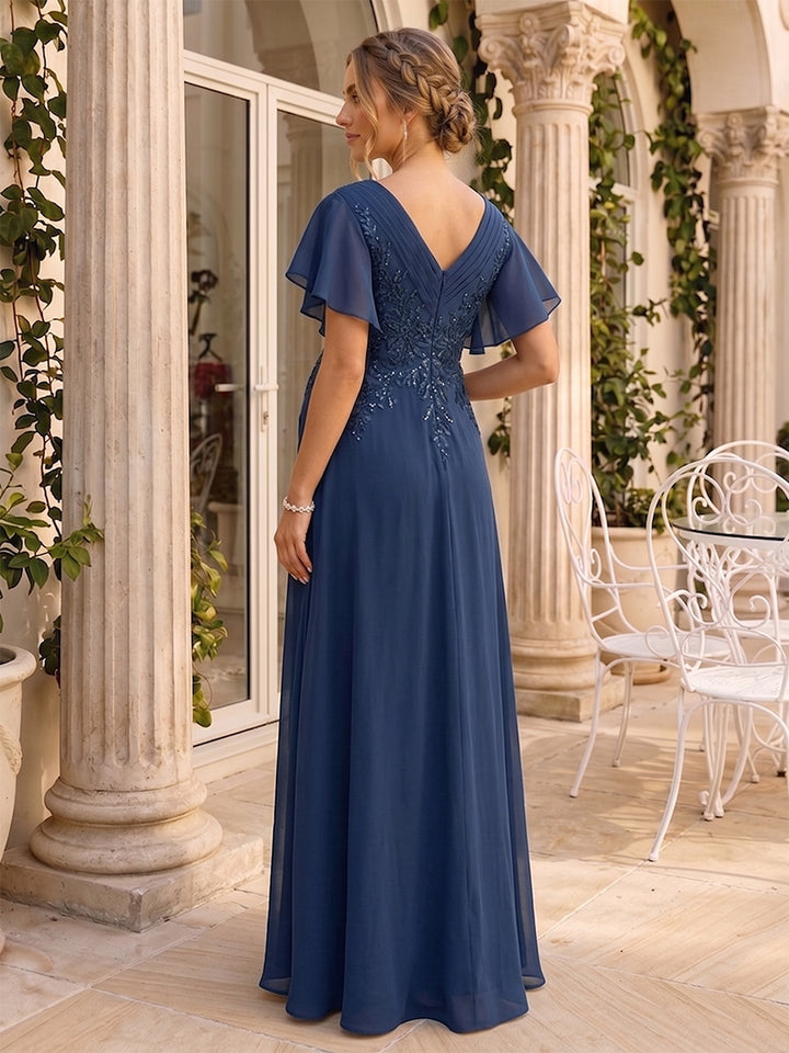 A-Line/Princess V-Neck Short Sleeves Chiffon Floor-Length Maternity Wedding Guest Dresses with Appliques
