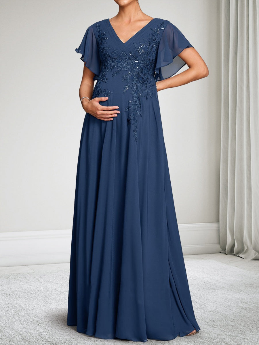 A-Line/Princess V-Neck Short Sleeves Chiffon Floor-Length Maternity Wedding Guest Dresses with Appliques