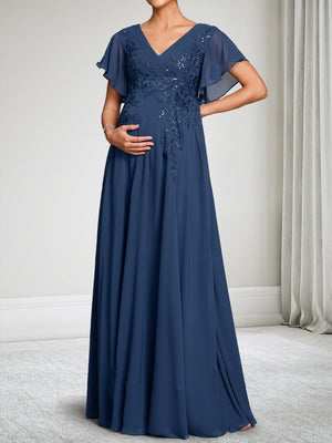 A-Line/Princess V-Neck Short Sleeves Chiffon Floor-Length Baby Shower Wedding Guest Dresses with Appliques