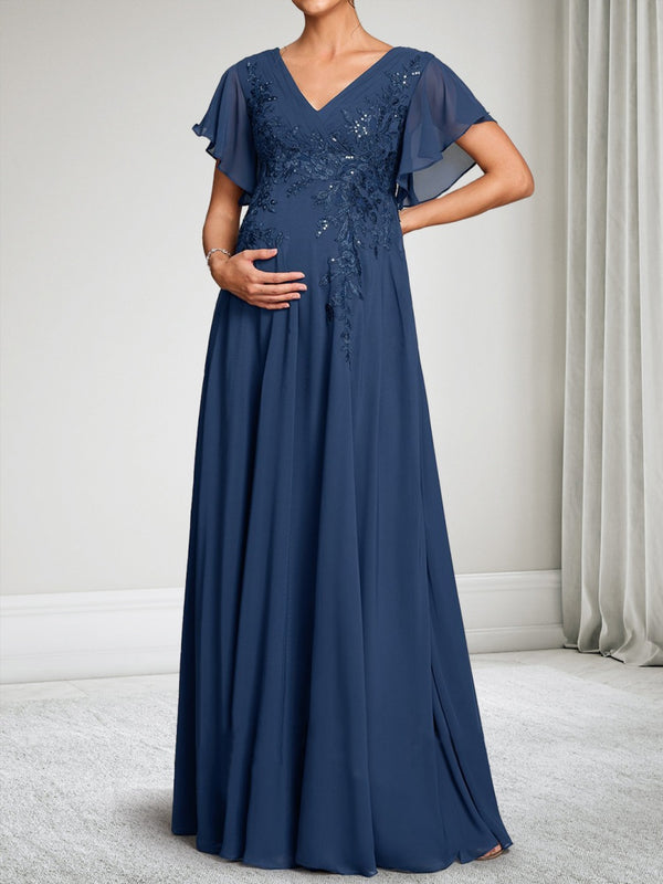 A-Line/Princess V-Neck Short Sleeves Chiffon Floor-Length Baby Shower Wedding Guest Dresses with Appliques